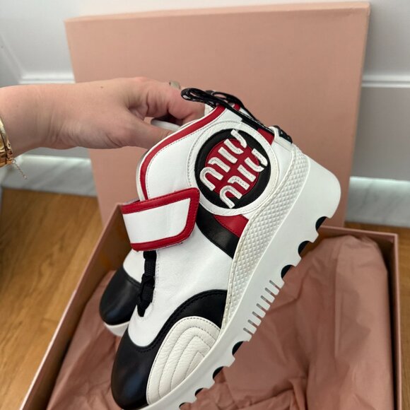 NWT Miu Miu High Top Sneakers White Multi Nappa Leather Lace Up Velcro - Picture 8 of 11